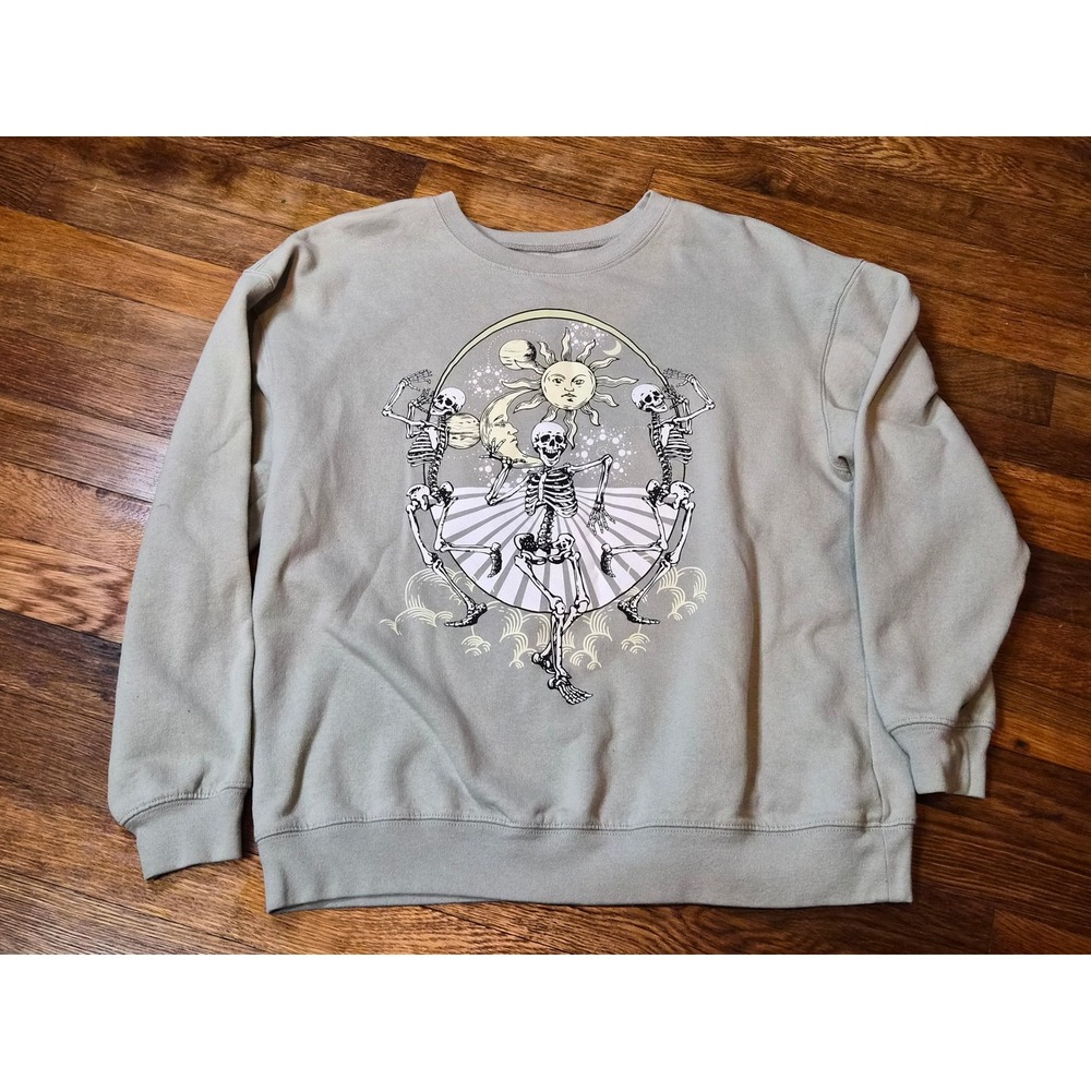 Cold Rush Celestial Dancing Skeletons Sun Moon Graphic Sweatshirt Sage Green M